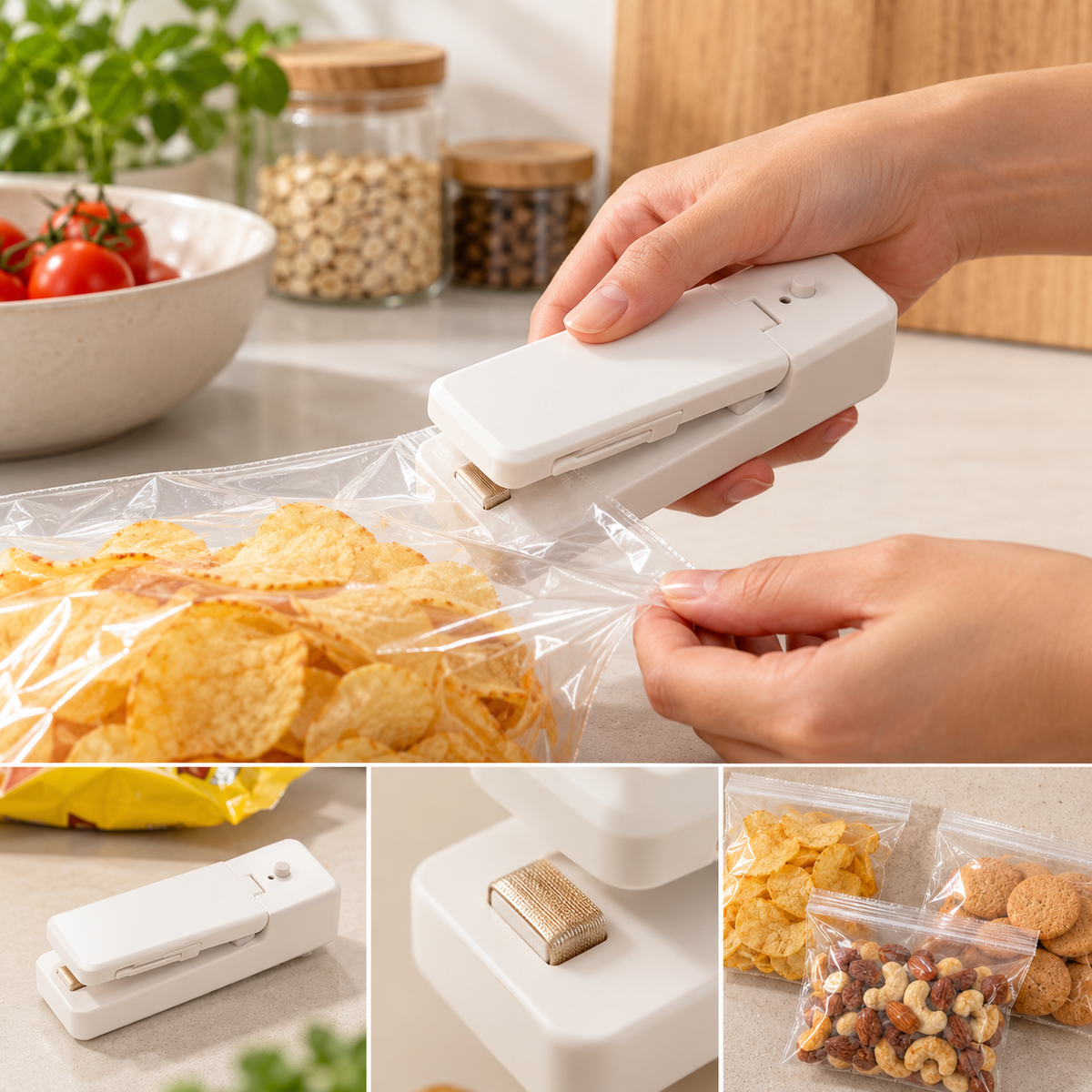 Mini sellador térmico portátil y recargable para bolsas de alimentos.